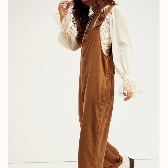 SOLD ✨FREE PEOPLE Hunter Khaki Overdye Brown Denim Overalls SOLD OUT (XS) - Picture 2 of 11